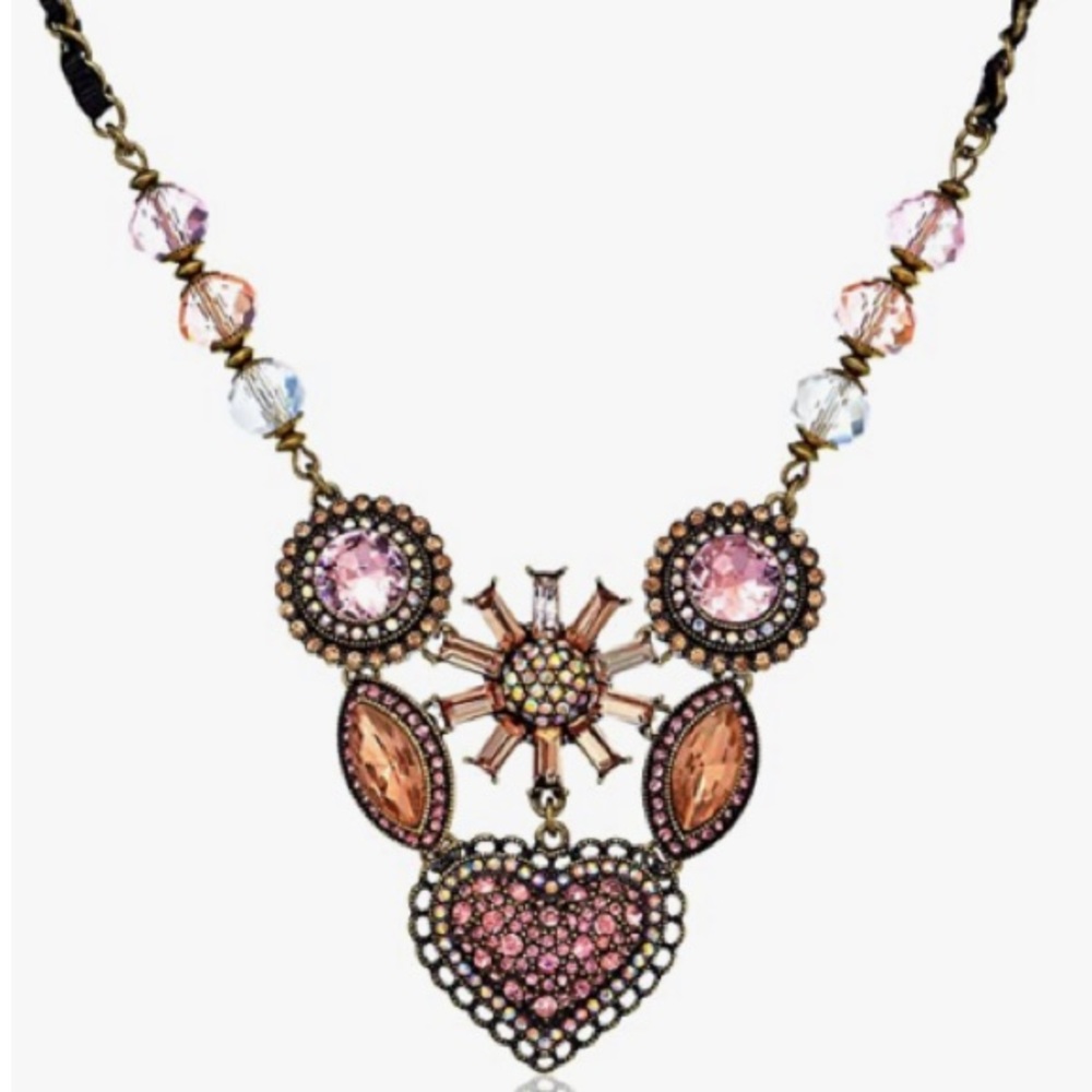 Vintage 90s Betsy Johnson Paved Pink Ice Multi Crystal Rhinestone Heart Necklace